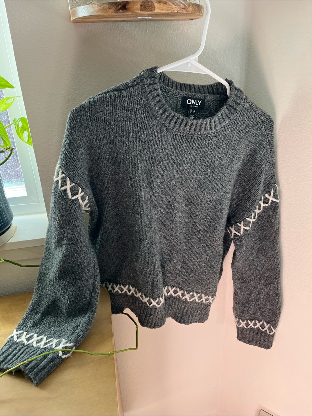 Only Gray Crewneck Sweater with White Cross-Stitch Accents